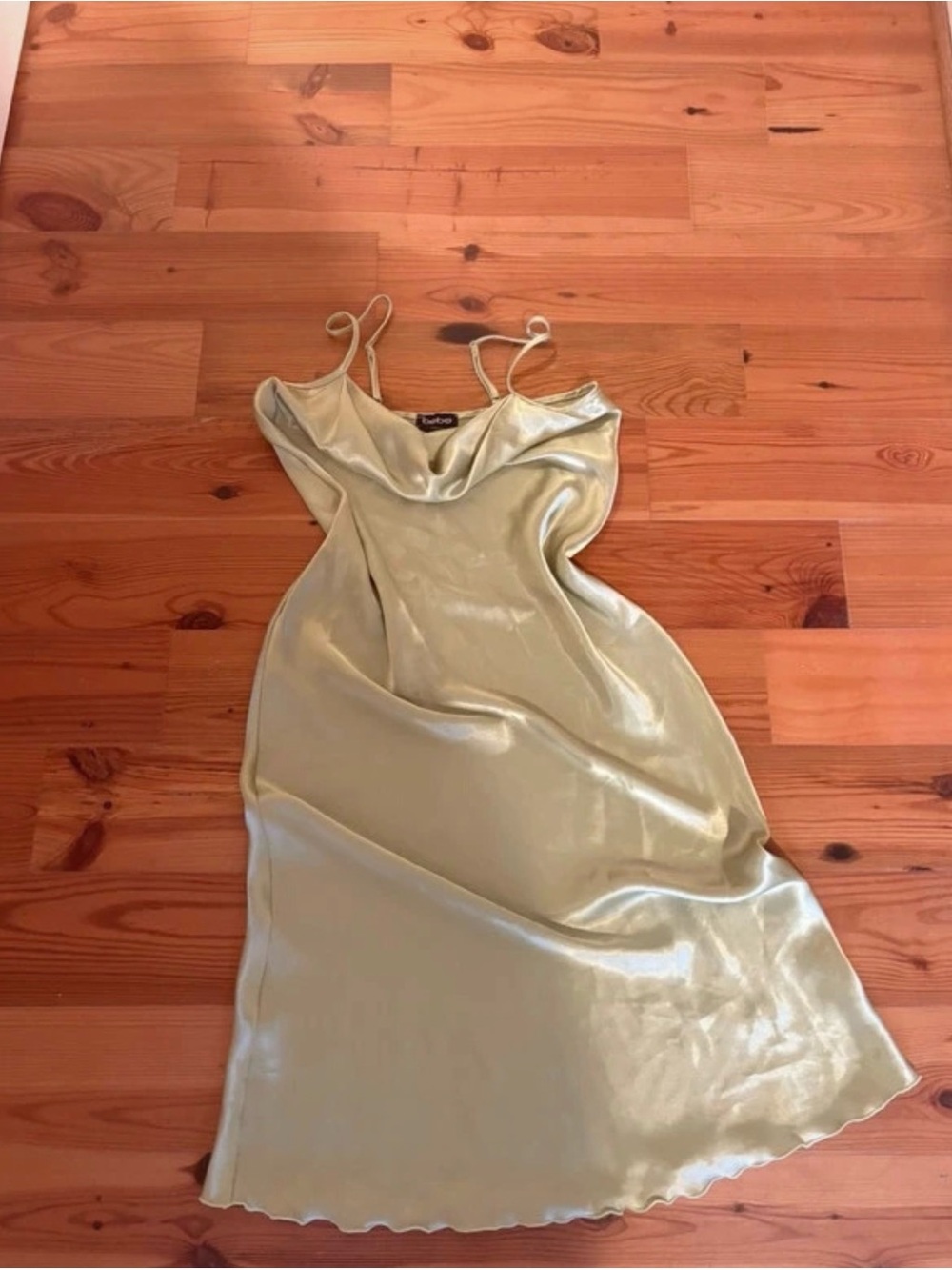 bebe Gold Satin Cowl Neck Midi Slip Dress